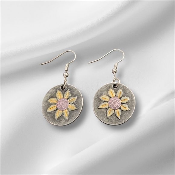 Silver Plated Flower Circle Dangle Earrings - Picture 1 of 2